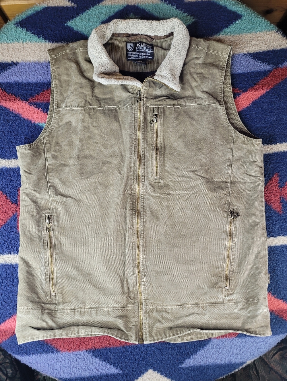 Kuhl Vest Mens Large Brown Canvas Vintage Patina Dye Quilted Zip Fleece Trim